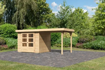 Produktbild von Karibu Gartenhaus Gerätehaus Askola 3 im Set mit Anbaudach 2,40 m Breite naturbelassen 462x217x211 cm