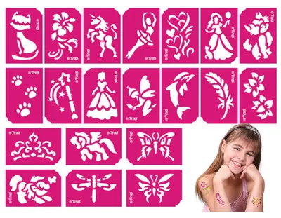 Produktbild von Schablonenset für Mädchen - 21-teiliges Glitzer-Tattoo- und Gesichtsbemalungs-Schablonenset 1 Stück [TY50105]