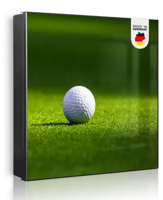 Produktbild von banjado Schlüsselkasten aus Metall, 30x30cm groß mit 32 Haken, als Magnettafel nutzbar, Korpus schwarz, Anschlag rechts, Einsamer Golfball [SKG1 10740]