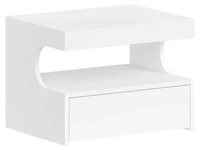 Image de Table de chevet suspendue - Étagère murale - 1 tiroir - Compartiment ouvert - Bois - Blanc - Design moderne