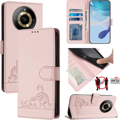 Produktbild von Leder Hülle für Realme 11 4G Süße Katze Flip Case Brieftasche Schutzhülle mit Standfunktion Pink