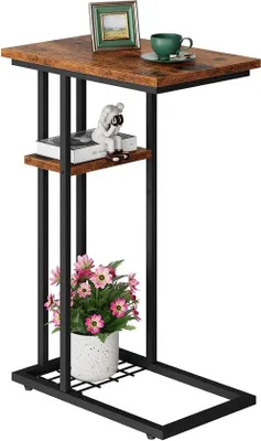 Productafbeelding van C-vormige Bijzettafel met 2 Planken, Industrieel Stijl, Metaal, Bruin en Zwart, 40 x 26 x 61.5 cm, Ideaal voor Woonkamer, Slaapkamer, Ba