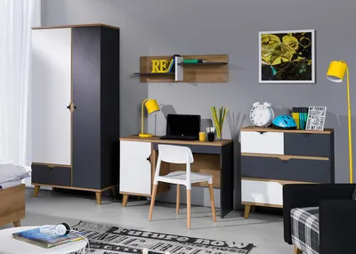 Produktbild von Kinderzimmer  Jugendzimmer Set 4tlg MEMONE 9 Goldene Eiche / Weiß / Graphit Schreibtisch Kommode Kleiderschrank Wandregal