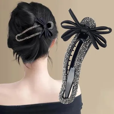 Produktbild von Schwarze Schleife mit Strass, Entenschnabel-Haarspange, 12 cm, französische flache Haarklammer mit Kristallen, dekorative Haarklammer für Damen