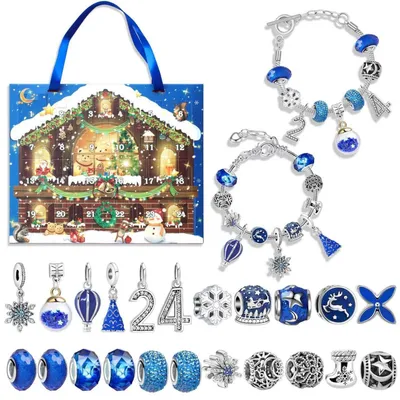 Image de Calendrier de l'Avent pour enfants, filles, bijoux, année 2026, kits de bracelets charm "faites-le vous-même" pour 24 jours, couleur bleue