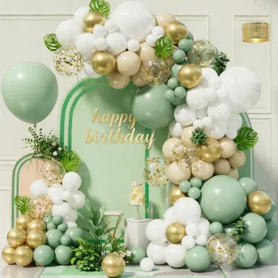 Image de Guirlande de ballons, couleur verte, 97 pièces, idéale pour un anniversaire, couleurs : or, beige, blanc