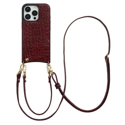 Image de Selencia Nova Croco Phone Case avec cordon et porte-cartes pour l'Apple iPhone 16 Pro - Burgundy