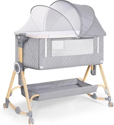 Produktbild von 5 in 1 Beistellbett Baby, Höhenverstellbare Babywiege, Stubenwagen Baby mit Wickeltisch, Aufbewahrungskorb, Moskitonetz, Matratze, Tragbar Reisebett für Neugeborene/Kleinkinder (Grau)