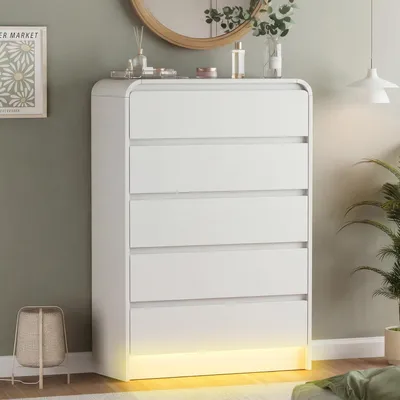 Immagine prodotto di Comodino bianco con 5 cassetti, illuminazione LED e sistema di sicurezza anticaduta, dimensioni 73x40x110 cm