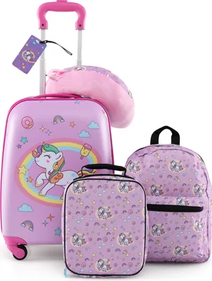 Produktbild von GOPLUS 5tlg Kinderkoffer Set, Kids Trolley mit Rucksack, Nackenkissen, Lunchbox, Gepäckanhänger, Kindergepäck mit Rollen, Reisekoffer mit Teleskopgriff für Kinder ab 3 Jahren (Einhorn)