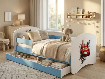 Immagine prodotto di Set completo per lettino 140x70 cm | Lettino con cassetto, materasso e spondina di sicurezza | Lettino blu e bianco per bambine e bambini, con motivo auto