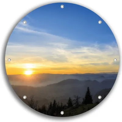 Produktbild von Wallario rundes Outdoor-Poster für Garten oder Balkon, Motiv Sonnenaufgang über dem Schwarzwald, 30 cm Durchmesser