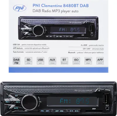 Immagine prodotto di Lettore MP3 radio DAB e RDS per auto PNI Clementine 8480BT 4 x 45 W, 12 / 24 V, 1 DIN, con SD, USB, AUX, RCA