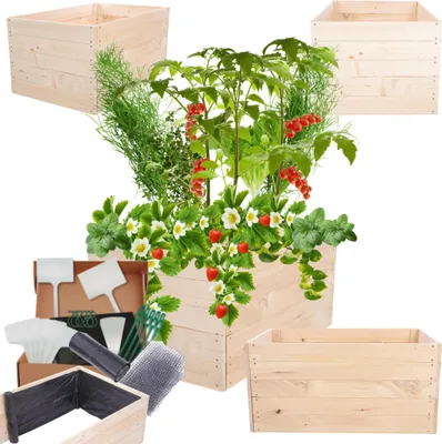 Produktbild von MODO24 Hochbeet Holz, Pflanzkasten, Massivholz, Kiefer, Kräuterbeet, Blumenkasten, Garten, Terrasse, 45x93x60 cm, Natur, ZP06