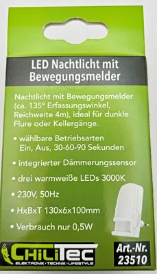 Produktbild von LED Nachtlicht mit Bewegungsmelder 230V Licht Warmweiß On/Off/Auto