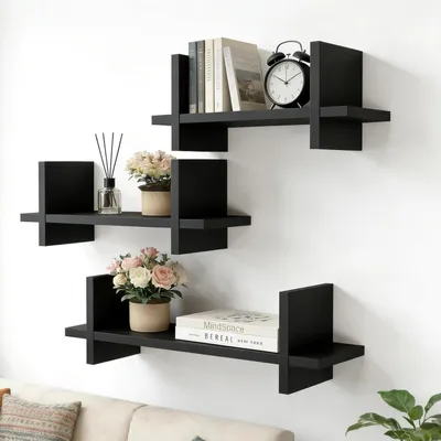 Produktbild von Wandregal 3er Set Holz Quadratisch Schwarz