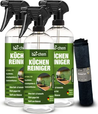 Produktbild von bio-chem Küchenreiniger - Sparpack 2,25 L: 3x 750 ml Handsprayflasche + Mikrofasertuch - Kraftreiniger Fettlöser Glaskeramikkochfeldreiniger Edelstahlreiniger für Glaskeramikkochfeld, Induktionskochfeld, Küchenarmatur
