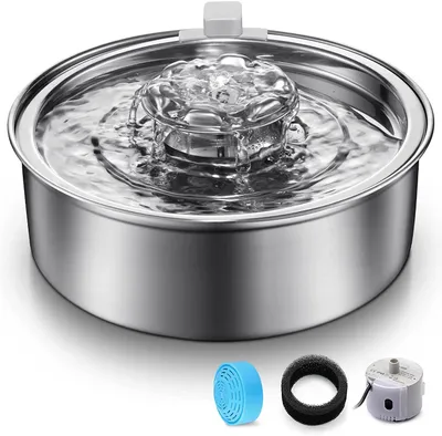 Produktbild von Katzenbrunnen aus Edelstahl 2L, Trinkbrunnen Katze mit Aktivkohlefilter, Automatischer Wasserspender für Katzen & Hunde, Ultra Leise Pumpe, USB