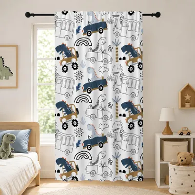 Productafbeelding van X 229 cm Cartoon Auto Gordijnen met Rod Pocket Handgetekende Speelse Dinosaurus Bus Voertuigen Patroon Licht Filtering Kamer Verduistering Terug