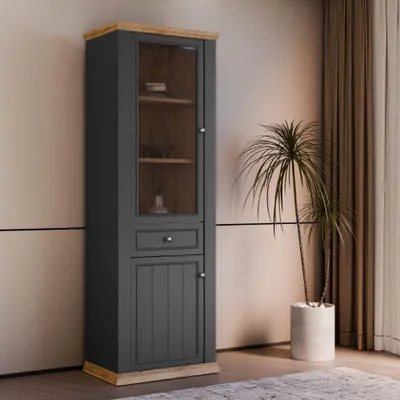 Immagine prodotto di Vetrina Essenza 1 Anta Vetro e 1 Anta con Cassetto grigio scuro e Rovere 202 cm – Stile Classico