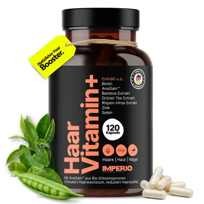 Produktbild von IMPERIO Haarvitamin+ Premium Haar Vitamine hochdosiert mit AnaGain™, Biotin, Zink & Selen zur Stärkung des Haarwachstums - 120 Haut, Haare, Nägel Kapseln für Frauen & Männer -