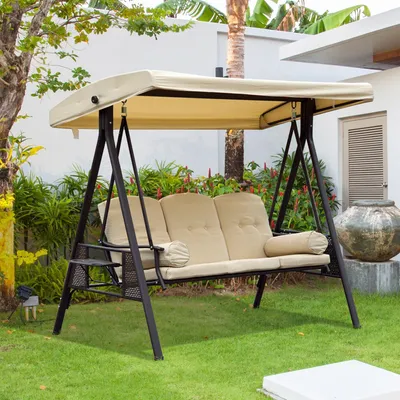 Produktbild von Hollywoodschaukel 3-Sitzer mit Sonnendach, Gartenschaukel Metallgestell, Beige/Braun | 121 x 208 x 172 cm | 360 kg | pulverbeschichtet