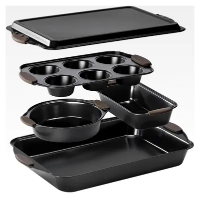 Produktbild von Backformen Set 5-teilig – großes Keksblech, Brotbackform, Bräterform, Muffin Backform, Kuchenform, mit Silikongriffen, stapelbar, antihaftbeschichtet, spülmaschinenfest, ofenfest