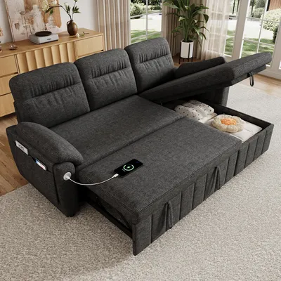 Produktbild von MODFU Ecksofa L-Form,Schlafsofa mit Stauraum, Relaxsofa mit USB/Type-C-Anschluss und Chenille-Bezug,Klappsofa mit wechselbarer Chaiselongue, Beige,208×131×88 cm