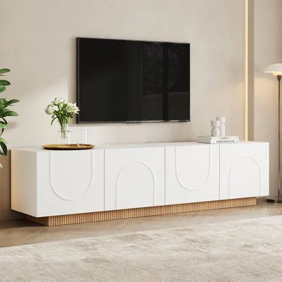 Produktbild von MODFU TV-Lowboard mit 4 Türen, Moderner TV-Schrank mit Bogenfront, Fernsehtisch TV-Regal mit Stauraum und Kabeldurchlässen, 170 x 38 x 42 cm,Weiß