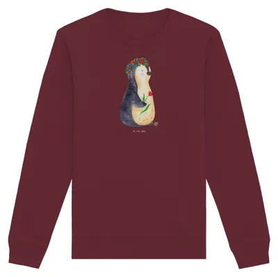 Produktbild von Mr. & Mrs. Panda Bio Pullover Pinguin Blumen Größe L - Burgundy - Geschenk, Baumwoll, Wunderschön, Geschenkidee, Sweatshirt, Pulli, Universum, Sweater, Blumenliebe