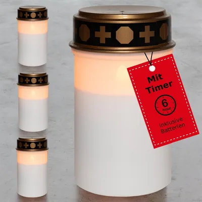 Zdjęcie produktu dla Novaliv LED Grablicht mit Batterie und Timer 6/18 weiß 4x Dauerbrenner LED Flackereffekt inkl. Batterien Grabkerzen Friedhofskerze Gedenkkerze Grablaterne Ewiges Licht Trauerkerze LED Kerzen