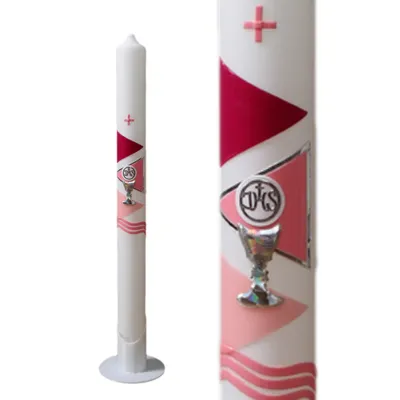 Produktbild von Kommunionkerze Taufkerze Kerze zur Kommunion Taufe Set inkl. Kerzenhalter 35/400 für Mädchen C103RS