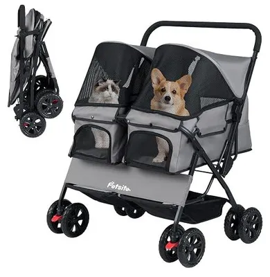 Imagen del producto de Carrito 3 en 1 para perros, transportín para mascotas con capacidad hasta 15 kg, con toldo de malla ajustable, cesta y portavasos. Cochecito para mascotas plegable, ideal para 2 perros, gatos u otras mascotas (gris)