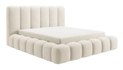 Image de Lit avec sommier tapissé, dimensions 180x200, modèle Selvo, avec coffre de rangement intégré - Lit "nuage" avec un matelas épais en mousse - Couleur beige, Image générée par une IA