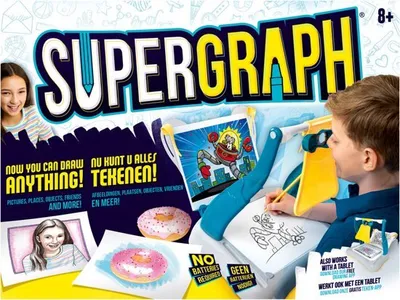 A child is using a drawing toy called Supergraph, with examples of drawings and donuts shown.