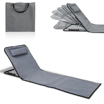 Image de Tapis de plage pliable avec coussin, réglable en 5 positions de hauteur, avec sangle de transport - Gris