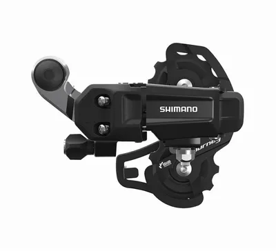 A black bicycle derailleur is shown against a white background.