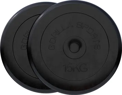 Produktbild von GORILLA SPORTS® Hantelscheiben - 30kg - 2 x 15 kg Gewichte, 30/31mm Bohrung, Gusseisen, Gummiert, Schwarz - Gewichtsscheiben, Hantelset