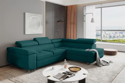 Produktbild von Couchgarnitur JADE Stoff Türkis mit Schlaffunktion Ottomane Rechts