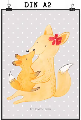 Produktbild von Mr. & Mrs. Panda Bild Fuchs Mama DIN A2 - Grau Pastell - Geschenk, Kunstdruck, Schoß, Mutter, Umarmen, Muttertag, wanddeko, Wandbild, Deko, drucke