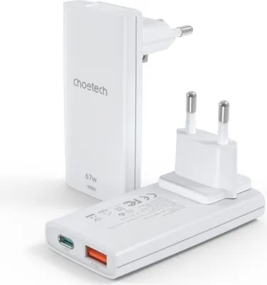 Obrázek produktu pro Rychlonabíječka Choetech s adaptérem do země, rychlonabíječka (67 W) , USB-C + USB-A výstup 45 W + 10,5 W bílá