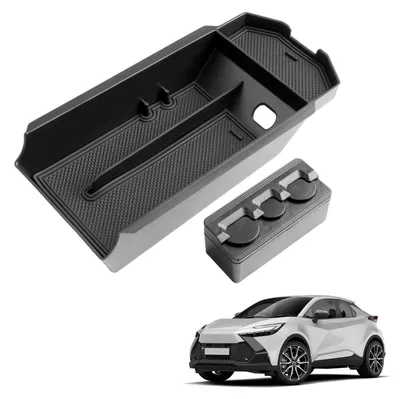 Image de Boîte de rangement pour console centrale, compatible avec Toyota C-HR 2024 et 2025, de couleur noire, en ABS, avec tapis antidérapant