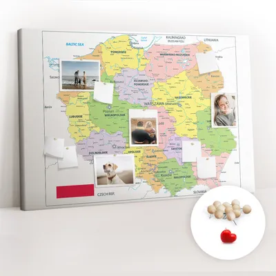 Obrázok produktu pre Korková tabuľa Tabuľa na poznámky Tabuľa na špendlíky - učebná pomôcka 120x80 cm - 100ks drevených kolíkov - Mapa Poľska