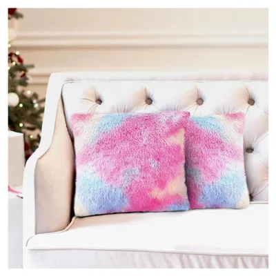 Produktbild von 2er Set Künstliche Pelz Kuschelkissen, Kunstfell Kissenhüllen, Plüschkissen für Sofa, Stuhl, Wohnzimmer (Regenbogen, 45 x 45 cm)
