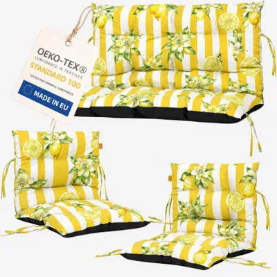 Image de Lot de 3 coussins pour mobilier en palettes, coussins d’extérieur pour mobilier en rotin, 2x coussin de chaise + 1x coussin de banc, motif citrons