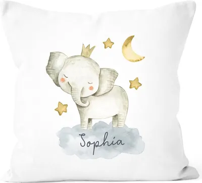Produktbild von Kissen-Bezug mit Namen Wunschname Tier-Motive Nashorn Löwe Elefant Watercolor Namenskissen Kinder Baby SpecialMe® Elefant weiß unisize