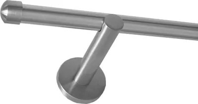 A close-up, studio shot of a metal curtain rod bracket and rod.