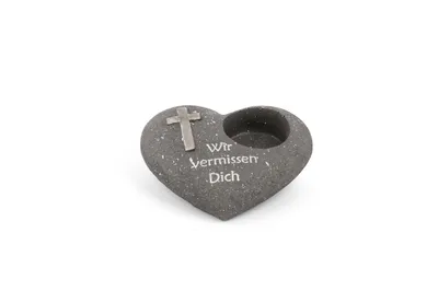 Produktbild von Novaliv Grabschmuck Herz Anthrazit mit Kreuz Spruch Wir vermissen Dich Grabdeko Grabherz Wetterfest Grabdekoration Gedenkstein Teelichthalter Trauerstein