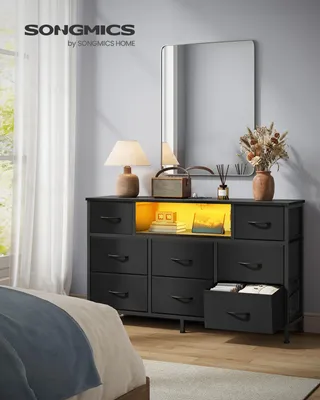 Obrázek produktu pro SONGMICS Komoda s 8 zásuvkami z látky, televizní stolek s LED osvětlením a zásuvkami, rozměry 113,8 x 30 x 68,1 cm, černá barva