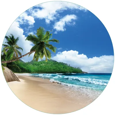 Produktbild von Wallario Premium Glasbild, freischwebende Optik, kräftige Farben, rund 50cm Durchmesser, Motiv Urlaub auf den Seychellen unter Palmen am Sandstrand